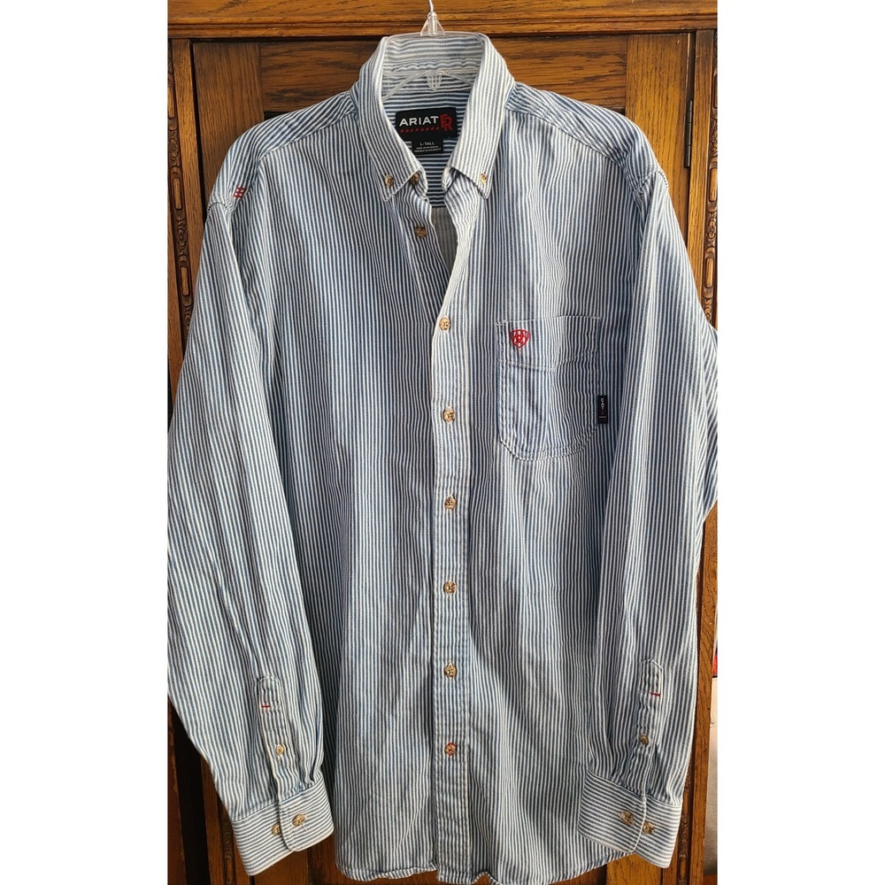 Ariat FR Mens Large Tall Bold Blue Stripe Flame Resistant Work Shirt 10012250
